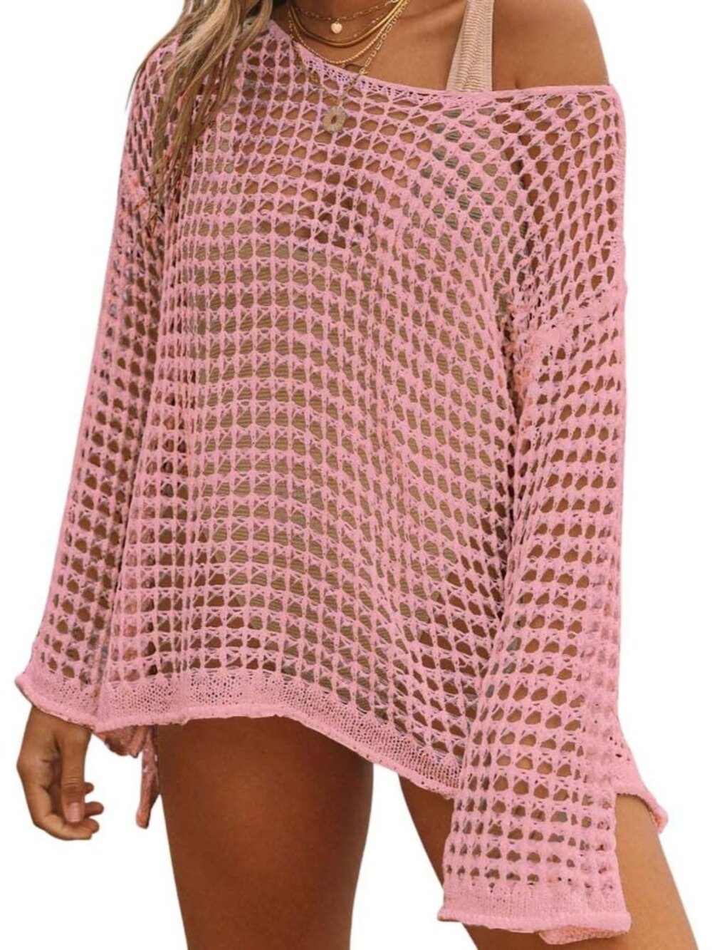 Women's Pink Hollow Out Knit Crochet Polyester Imported Swim Cover Up